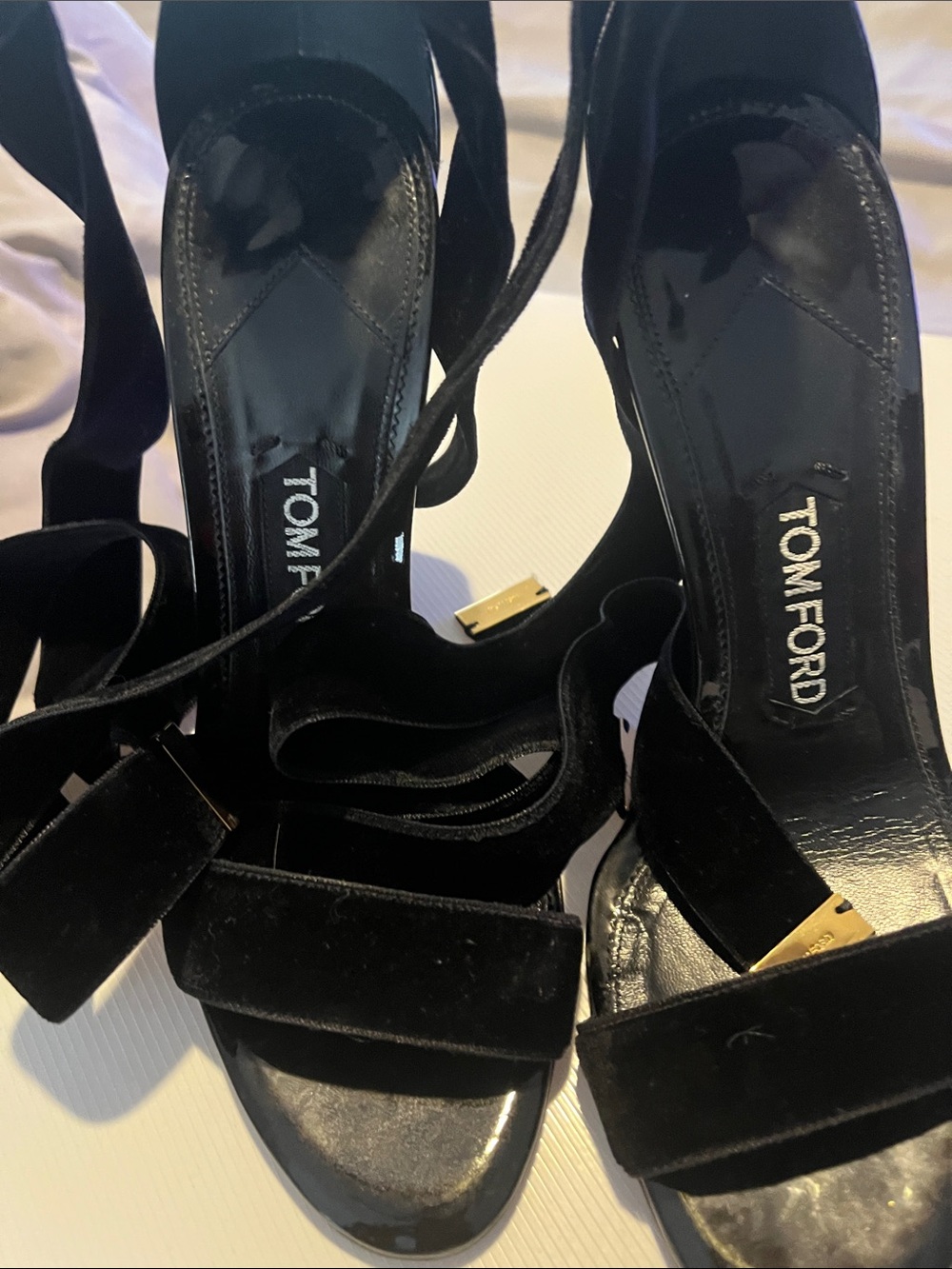 Tom Ford Black Velvet Lace-Up Block Heels with Gold Accents